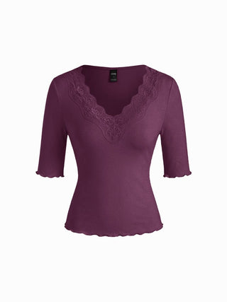 Cotton-blend V-neck Mid-length Sleeve Lace Trim Lettuce Trim Top