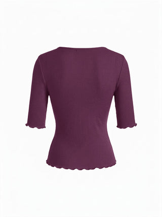 Cotton-blend V-neck Mid-length Sleeve Lace Trim Lettuce Trim Top