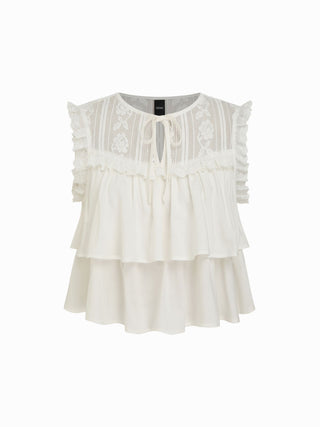 Linen-blend Embroidery Ruffle Hem Bowknot Crop Blouse