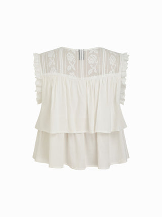 Linen-blend Embroidery Ruffle Hem Bowknot Crop Blouse