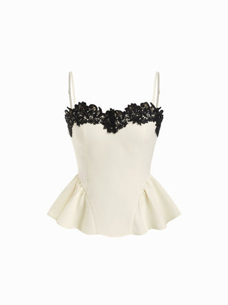 Lace Floral Sweetheart Neck Contrast Peplum Hem Cami Top
