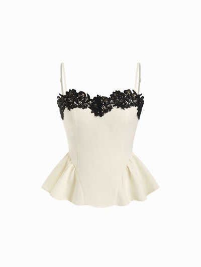 Lace Floral Sweetheart Neck Contrast Peplum Hem Cami Top