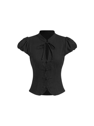 Cotton-blend Stand Collar Puff Sleeve Lace Trim Bowknot Cut Out Blouse