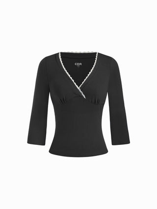 Viscose-blend V-neck Lace Panel 3/4 Long Sleeve Tee