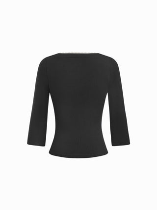 Viscose-blend V-neck Lace Panel 3/4 Long Sleeve Tee