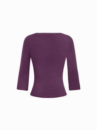 Viscose-blend V-neck Lace Panel 3/4 Long Sleeve Tee