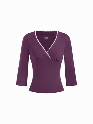 Viscose-blend V-neck Lace Panel 3/4 Long Sleeve Tee