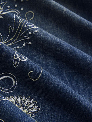 Stretch Denim Floral Embroidery High Rise Flared Trousers
