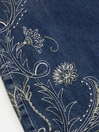 Stretch Denim Floral Embroidery High Rise Flared Trousers