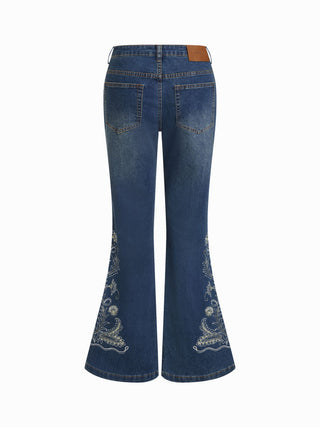 Stretch Denim Floral Embroidery High Rise Flared Trousers