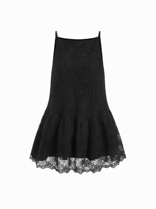 Cotton-blend Lace Boat Neck A-line Ruffle Hem Mini Dress