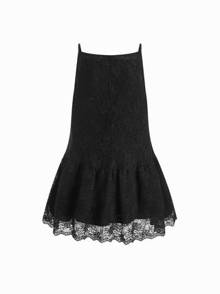 Cotton-blend Lace Boat Neck A-line Ruffle Hem Mini Dress
