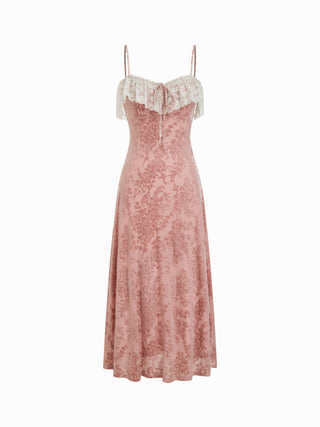 Mesh Textured Sweetheart Neck Lace Trim Bowknot Slit Maxi Dress