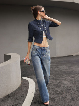 Striped Metal Double-Button Middle Sleeve Jacket