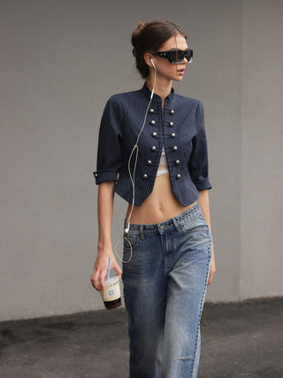 Striped Metal Double-Button Middle Sleeve Jacket