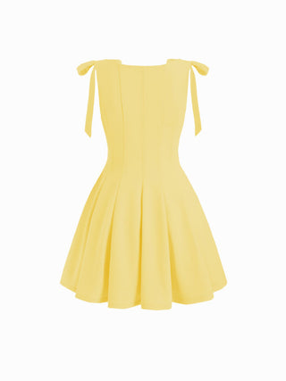 Bowknot Boat Neck Sleeveless Pleated Flared Mini Dress