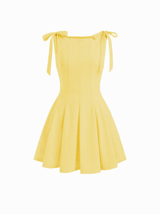 Bowknot Boat Neck Sleeveless Pleated Flared Mini Dress