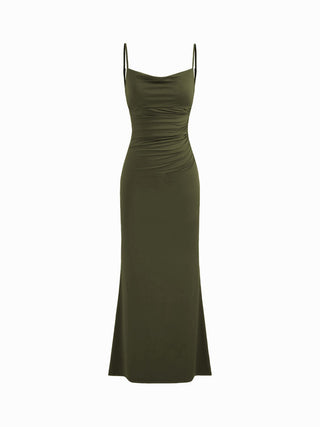Cowl Neck Ruched Backless Maxi Dress