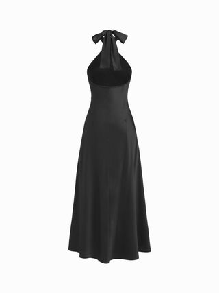 Satin Halter Neck Twist Knotted A-line Maxi Dress