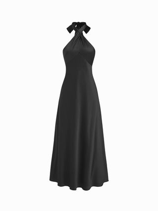 Satin Halter Neck Twist Knotted A-line Maxi Dress