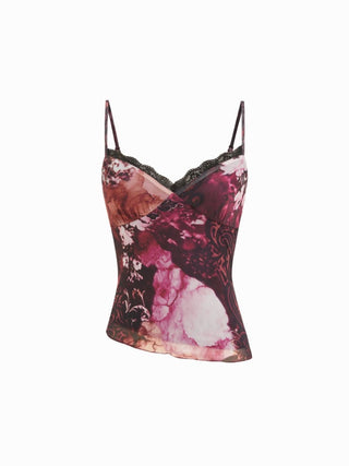 Mesh Graphic V-neck Lace Trim Asymmetrical Hem Cami Top