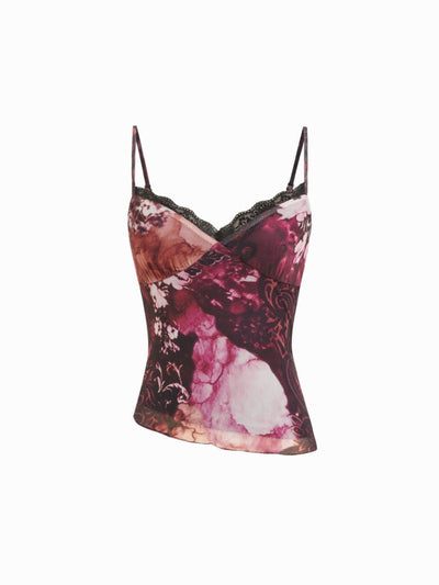 Mesh Graphic V-neck Lace Trim Asymmetrical Hem Cami Top