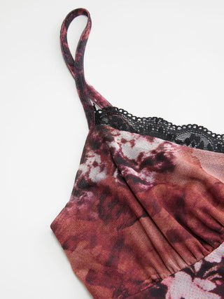 Mesh Graphic V-neck Lace Trim Asymmetrical Hem Cami Top