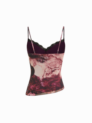 Mesh Graphic V-neck Lace Trim Asymmetrical Hem Cami Top