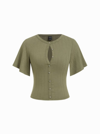 Textured Ruffle Sleeve Cut Out Metal Button Top