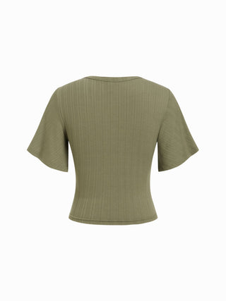 Textured Ruffle Sleeve Cut Out Metal Button Top