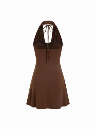 Halter Cowl Neck Backless Metal Detail Slim Mini Dress