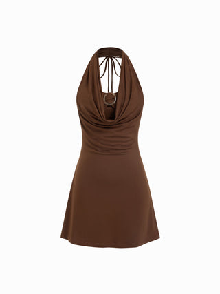 Halter Cowl Neck Backless Metal Detail Slim Mini Dress