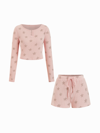 Textured Star Graphic Crop Top & Mid Rise Drawstring Shorts Loungewear Set