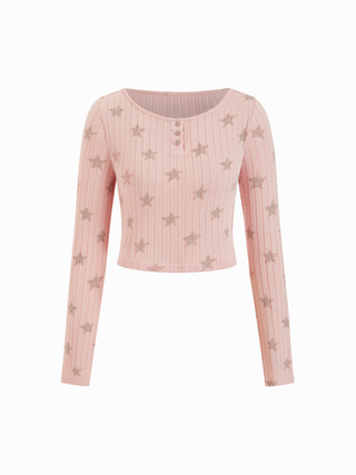Textured Star Graphic Crop Top & Mid Rise Drawstring Shorts Loungewear Set