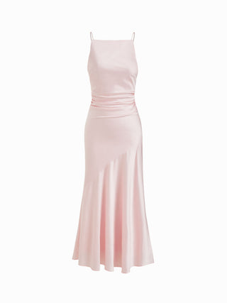 Satin Off-shoulder Ruched Lace Up Backless Mermaid Maxi Dress