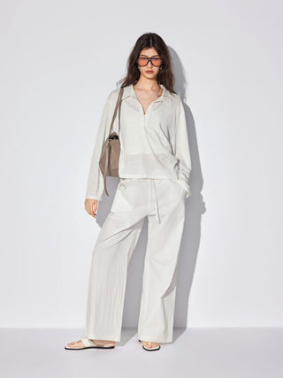 Textured Polo Neck Long Sleeve Oversized Top