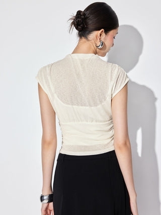 High Neck Ruched Asymmetrical Sheer Short Sleeve Top