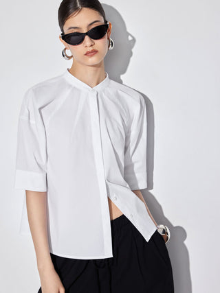 Cotton-blend Lantern Sleeve Round Neckline Blouse