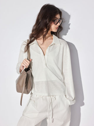 Textured Polo Neck Long Sleeve Oversized Top