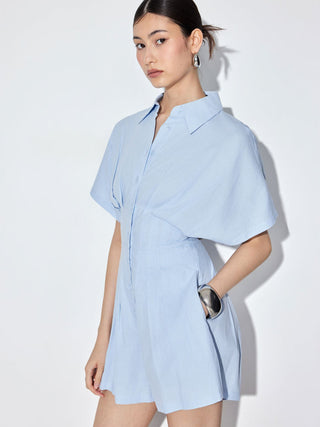 Cotton-blend Mid Rise Batwing Sleeve Ruched Romper