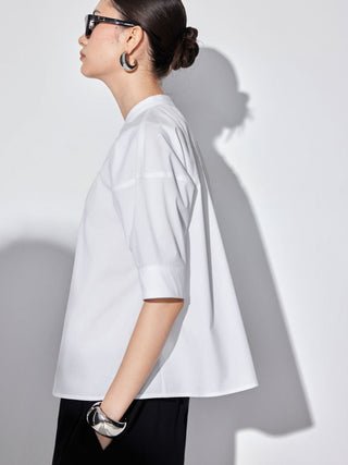 Cotton-blend Lantern Sleeve Round Neckline Blouse