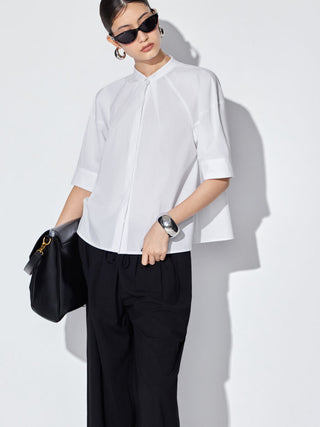Cotton-blend Lantern Sleeve Round Neckline Blouse