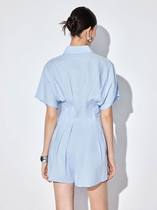 Cotton-blend Mid Rise Batwing Sleeve Ruched Romper