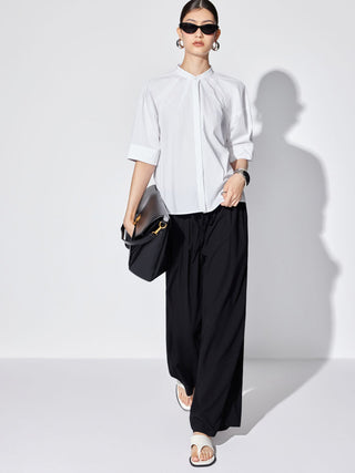Cotton-blend Lantern Sleeve Round Neckline Blouse