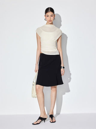 High Neck Ruched Asymmetrical Sheer Short Sleeve Top