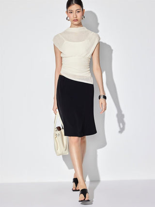High Neck Ruched Asymmetrical Sheer Short Sleeve Top