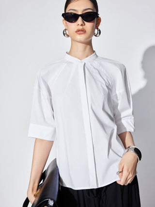 Cotton-blend Lantern Sleeve Round Neckline Blouse
