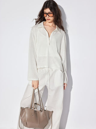 Textured Polo Neck Long Sleeve Oversized Top