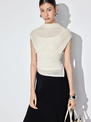 High Neck Ruched Asymmetrical Sheer Short Sleeve Top