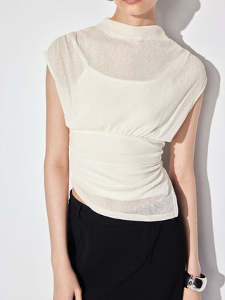 High Neck Ruched Asymmetrical Sheer Short Sleeve Top